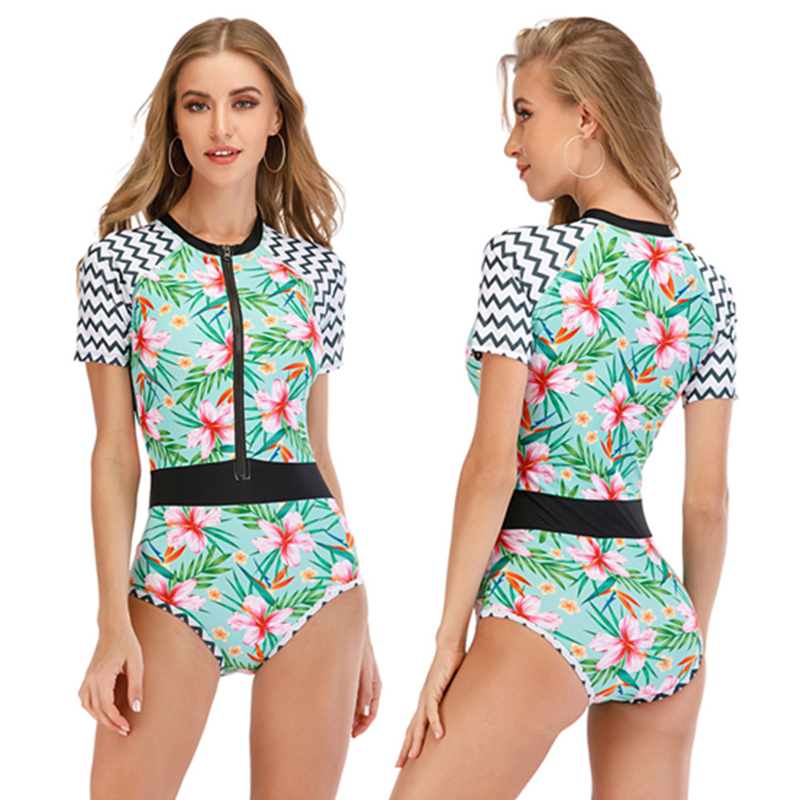 

bunvel Sexy One Piece Swim Suits Rashguard Women Front Zipper Floral Striped Printed Swimwear Women Beach Wear Surf Bodysuit