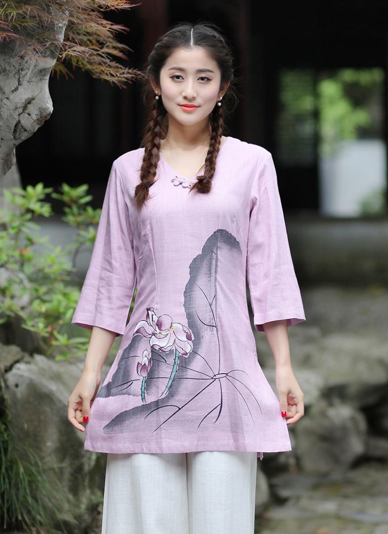

Traditional Chinese Tops Women's Linen Cotton Blouse Summer T-shirt Size M to 3XL