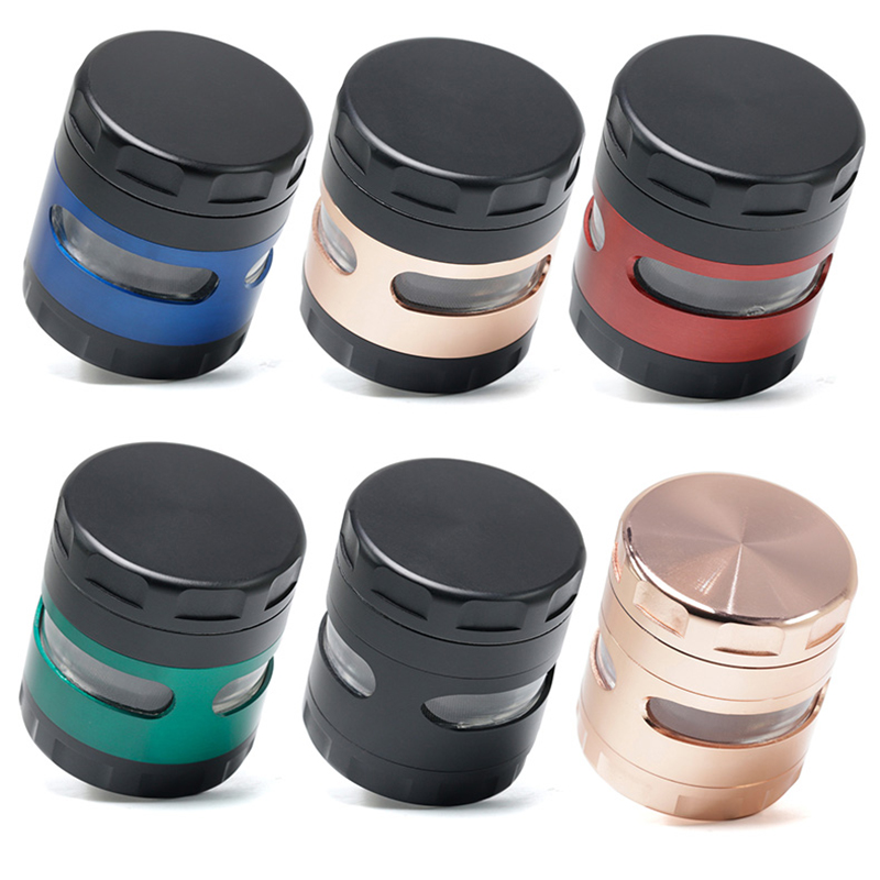 

60mm Grinder Chamfering Visible Window Metal Zinc Alloy Smoking Herb Grinders 4 Piece Tobacco Herbal 6 Colors Spice Crusher