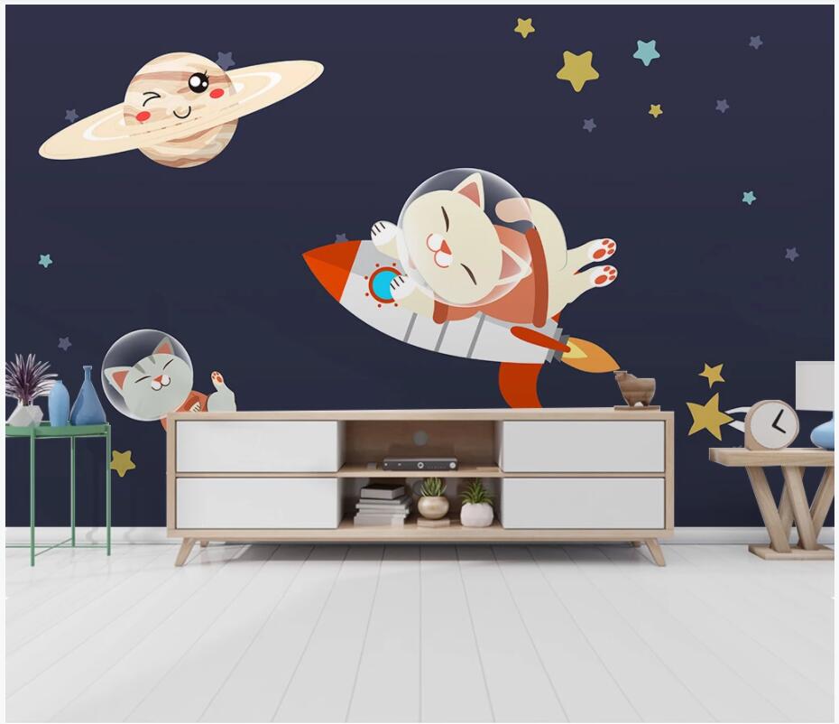 

3d wall murals wallpaper for walls 3 d Modern cartoon kitten rocket starry sky children background 3d wallpaer custom photo mural home decor, Non-woven wallpaper
