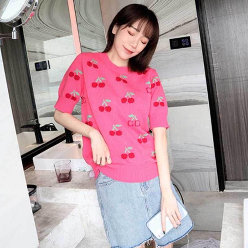 

High Quality Brand2020 Summer Fashion Women Sweet Women New Pink Cherry Jacquard Pullover Puff Short-sleeved Sweater Clothes Top, White;black