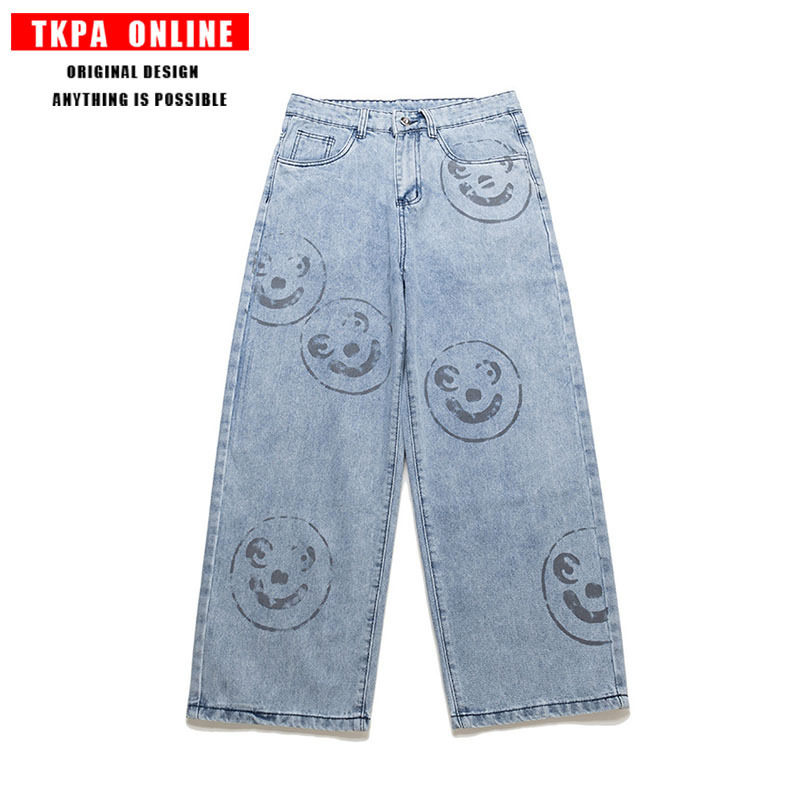 

Tkpa2020 new daddy wash jeans smile print fashion brand loose wide leg pants casual pants, See chart