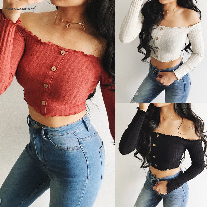 Womens Clothing Sexy Summer Blouses Bare Midriff Women Ruffles Off Shoulder Tank Top Front Button Solid Shirts