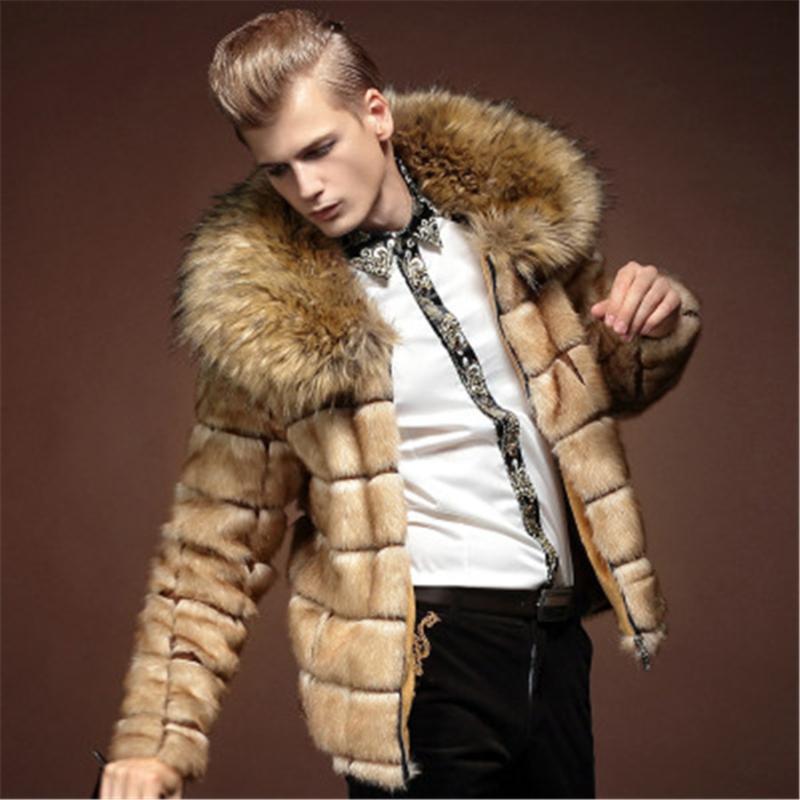 

2018 autumn and winter new men's faux fur coat big fur collar warm long section artificial windbreaker cotton clothing, Champagne