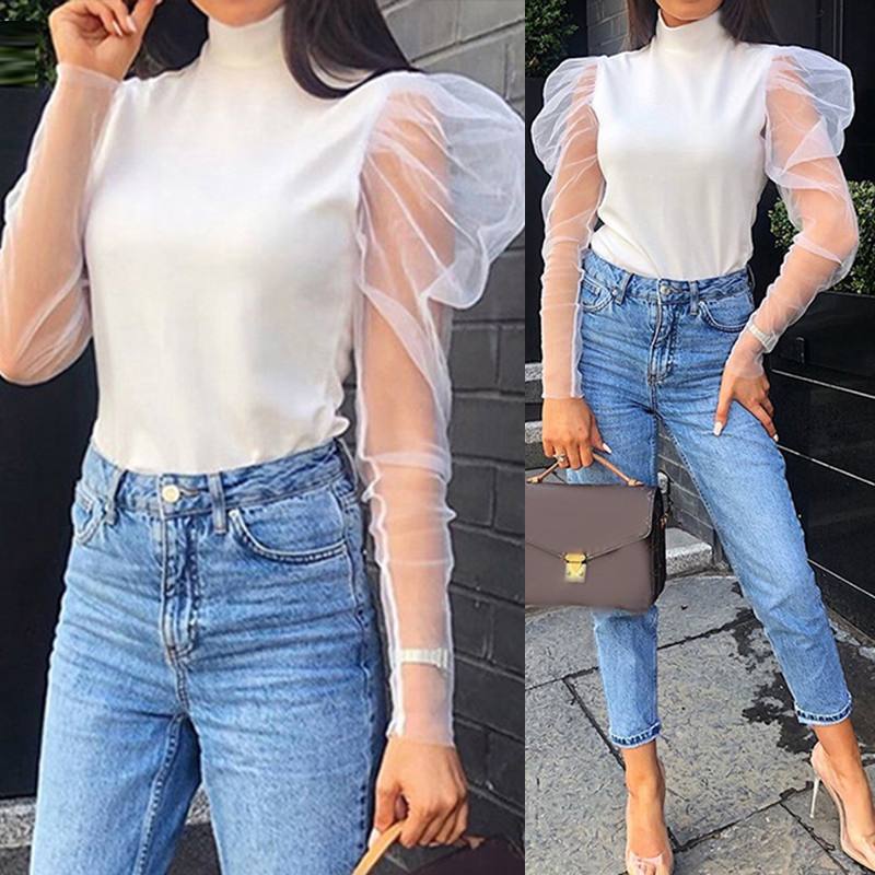 

Fashion Women' Puff Sleeve Blouse 2020 ZANZEA Sexy Knitted Mesh Tops Turtleneck See Through Shirts Female Patchwork Blusas 5XL, Black