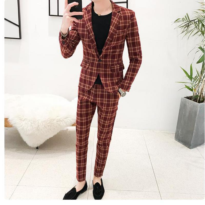 

2 Piece Suit 2020 Morning Dinner Party Prom Suit Plaid Houndstooth Groom Wedding Men Slim Fit Tuxedo Mens Suits With Pants, Black plaid suits