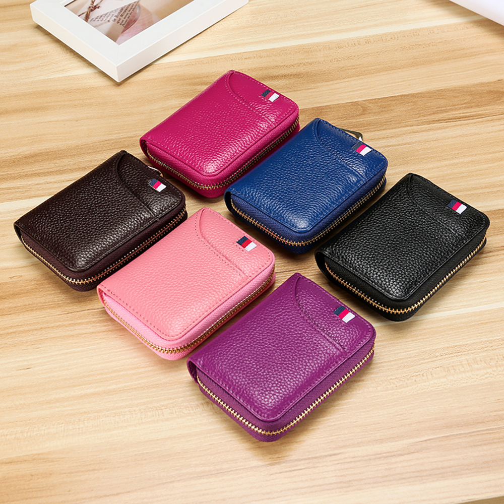 

Genuine Leather RFID Blocking Short Zipper Purses Men Women Credit Card Holder Interior Slot Pocket Coin Pouches Mini Cowhide Card Wallet, 6 colors for choice