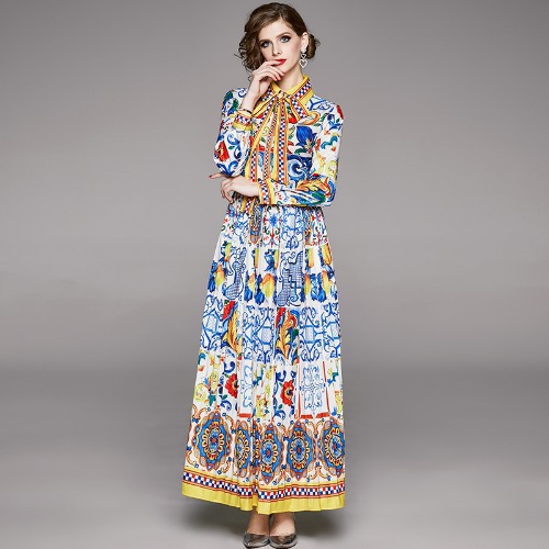 

Spring Court Style Maxi Dress Women Long Sleeve Boho Colorful Flower Bow Print Holiday long Pleated Shirt Dress, Xaq512