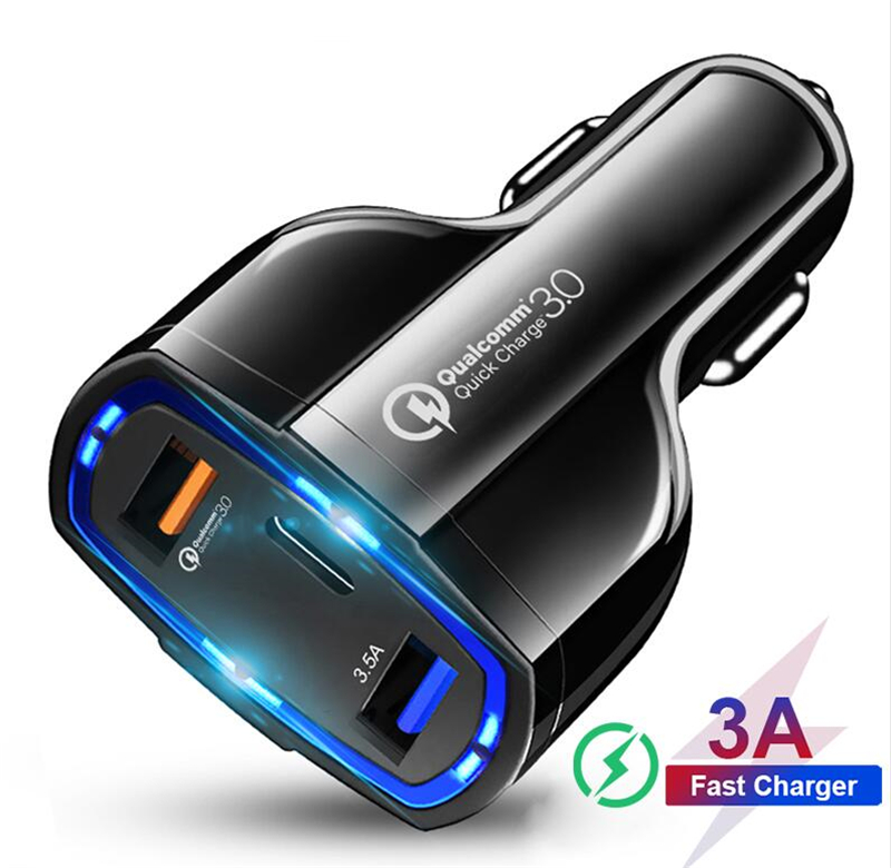 

QC3.0 3 Ports USB Car Charger 35W 7A Quick Charge Type C Car-charger Fast Charge Car Adapter Mobile Phone Charger