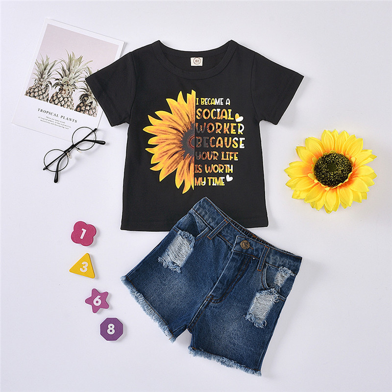 

Fashion Newborn Baby Girl Clothes Sunflowers Letter Print Short Sleeve T-Shirt Tops Short Jeans 2Pcs Outfits Cotton Clothes, Black
