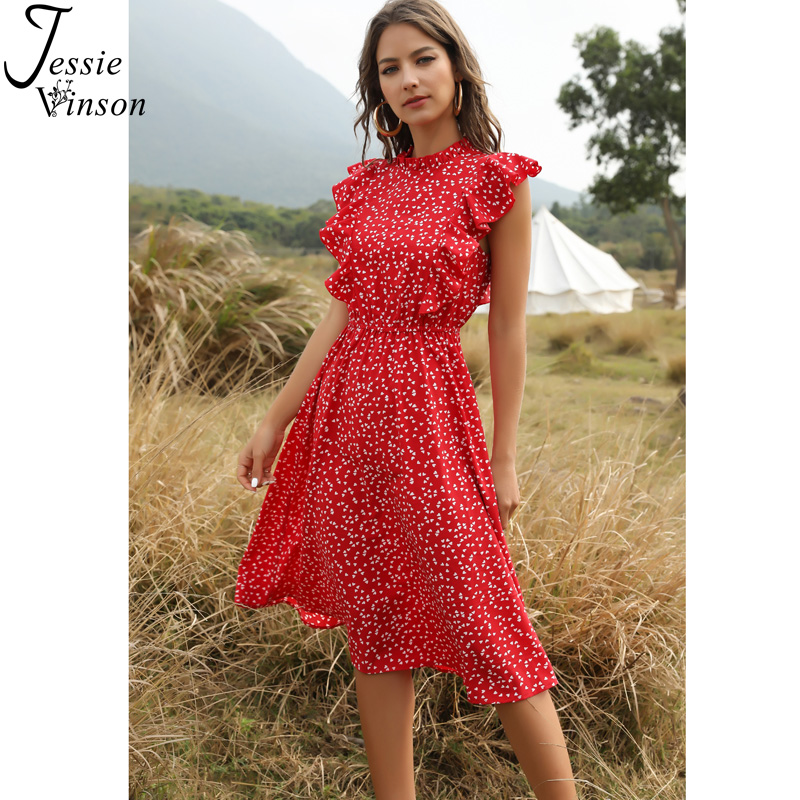 

Jessie Vinson Dots Print Red Midi Dress Women Ruffles Sleeveless Casual Dress Summer Tunic Boho Beach Dresses Robe 2020