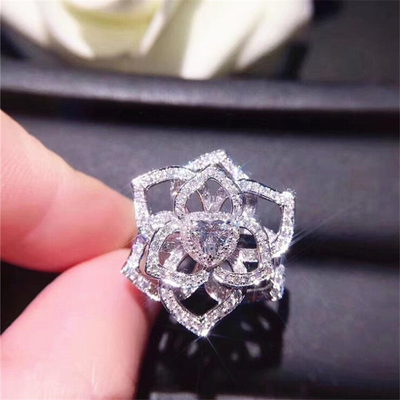 

Sparkling Handmade Luxury Jewelry 925 Sterling Silver Round Cut White Topaz CZ Diamond Promise Party Women Wedding Rose Flower Band Ring