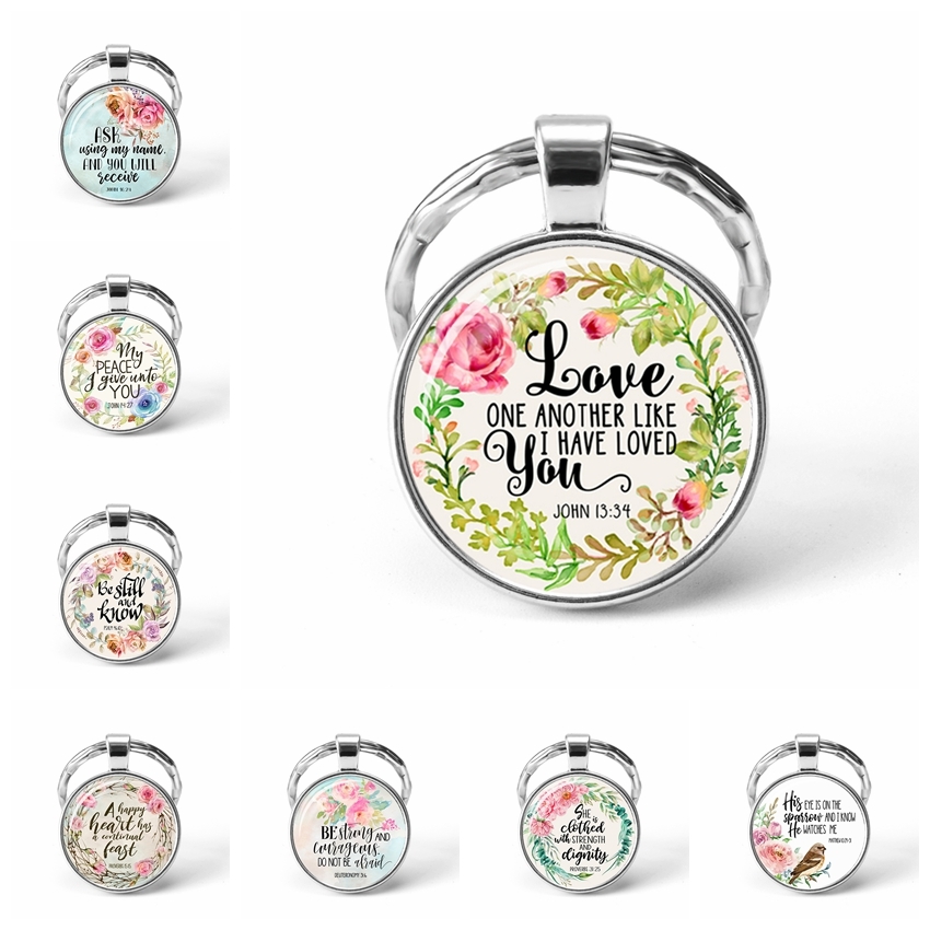 

Love Dream Fashion Silver Christian Bible Key Chains Holder Charms Bible Psalm Glass Flower Picture Keychain Men Women Gift