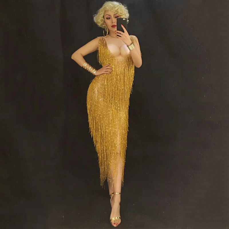 

Golden Tassel Rhinestone Dress Stage Dance Wear Sexy Nightclub Prom Dancing Costume One-Piece Outfit Performance Clothing DJ320, As picture