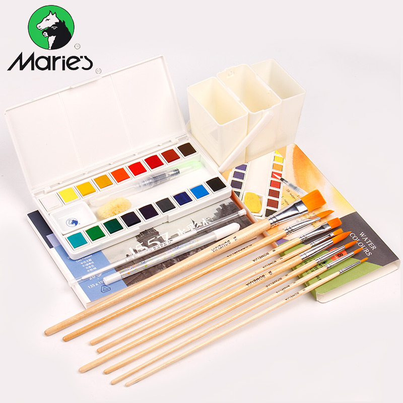 

Marie's 18/36Colors Solid Watercolor Painting Set With Water Brush Transparent Watercolor Pigment School Student Artist Supplies