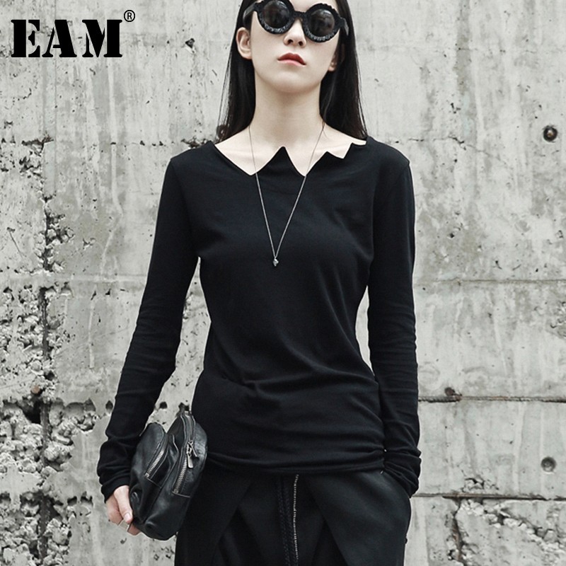 

[EAM] 2020New Autumn Winter Black Long Sleeve Asymmetrical Collar Wild Slim Bottoming Shirt Women Fashion Tide Tops LA922