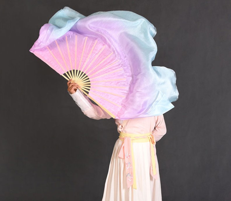 

Light Pink Light Purple Blue Gradient Silk Veil Pairs(1R+1L) Real Silk Yangko Dance Fan Veils Half Circle Two Layers 34, 31cm b 30cm veil