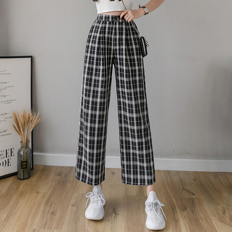 

Cotton and Linen Plaid Pants Elastic Waist Pants Women High Waist Plus Size Wide Leg Casual Female Korean Trousers Mujer, Black