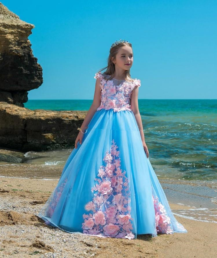Blue rose mixte couleur filles pageant robes pure cou poche manches fleurs appliques dentelle tulle robe fleur girl goules robe de vacances