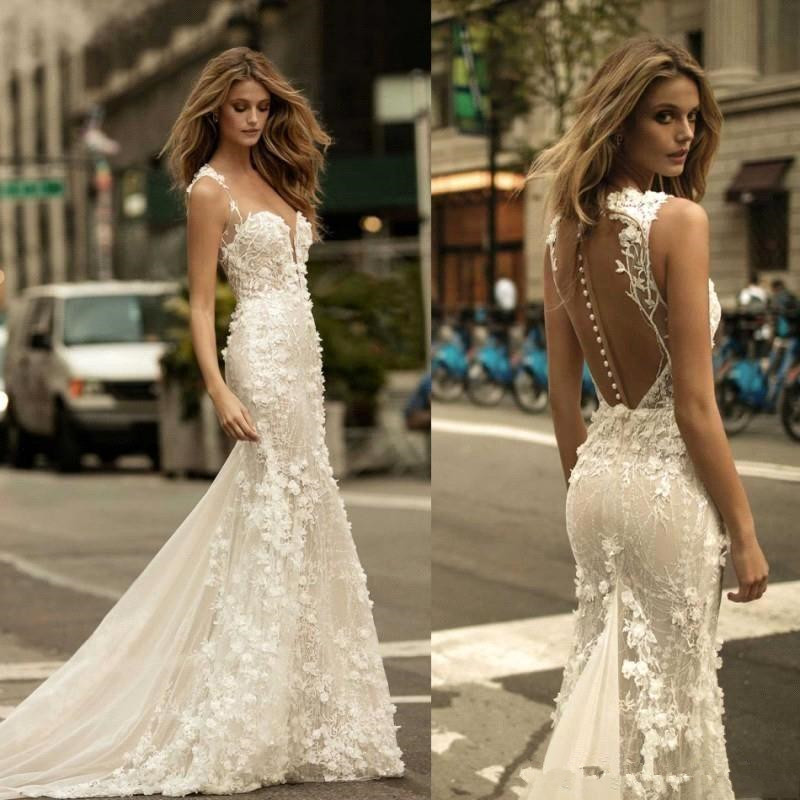 

Berta Sheer Mesh Top Lace Mermaid Wedding Dresses Tulle Applique 3D Floral Wedding Bridal Gowns With Buttons, Pink