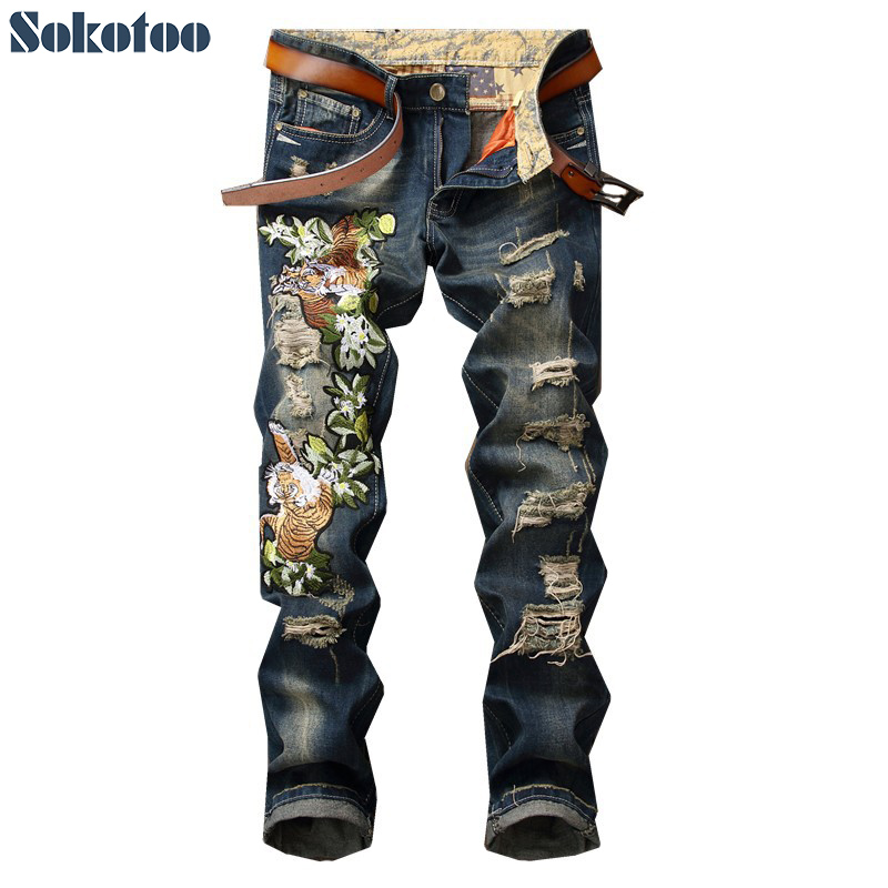 

Sokotoo Men's holes ripped jeans Fashion slim distressed trendy denim pants, Blue