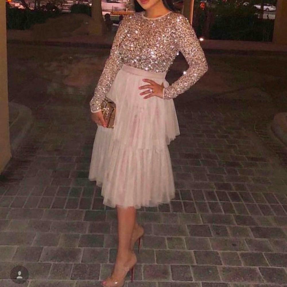 knee length gold sequin dress