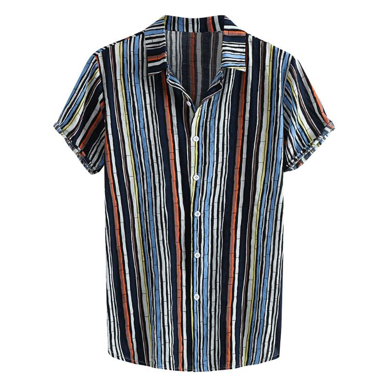

KLV short sleeve male shirt Polyester men's blouse Casual Button Hawaii shirt Striped Print Beach Short Sleeve Top Blouse, Blue