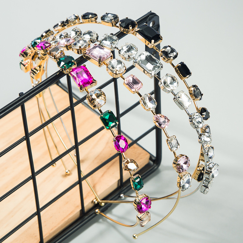 

Simple style women's hair band ultra-narrow round water drop shape rectangular colored glass diamond hair band