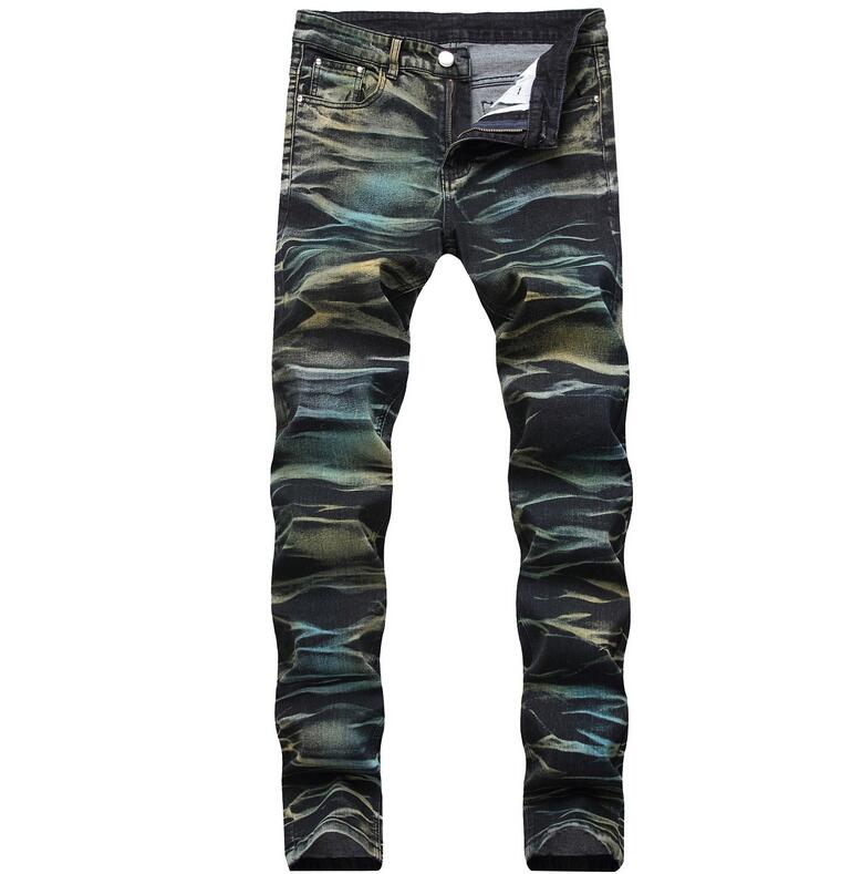 

Mens 3D Painted Elastic Straight Brand Jeans Slim Fit Designer Aurora Color scratched Pencil Biker Bleached Denim Pants Streetwear QKN1922, Purple