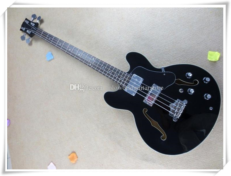 

4 Strings Black Semi-Hollow Body Electric Bass Guitar with Body Binding,2 Pickups,Chrome Hardware,Can be customized