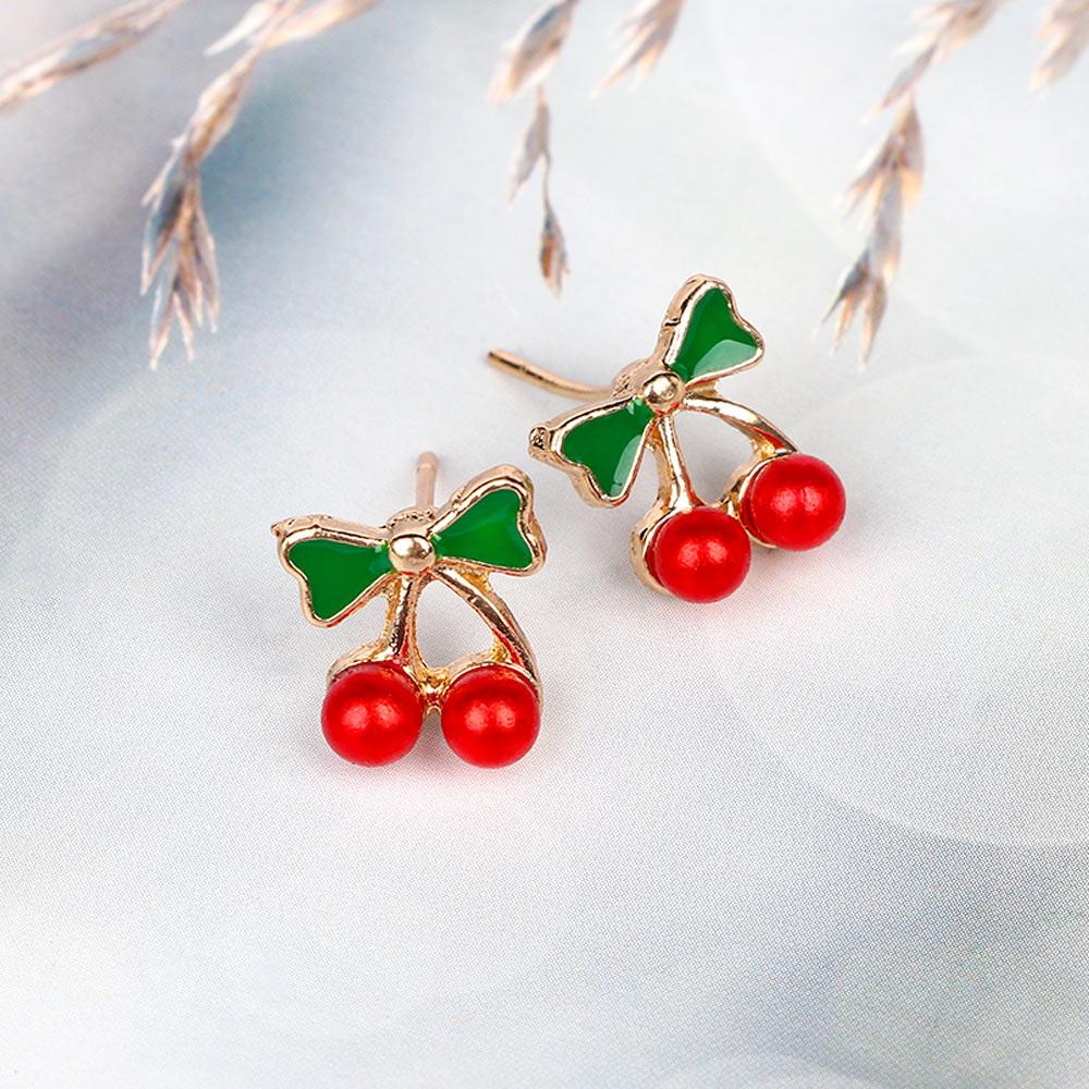 Green Leaf Cherry Drop Earrings,Delicate Fruit Stud Earrings for Women Girls Birthday Gifts