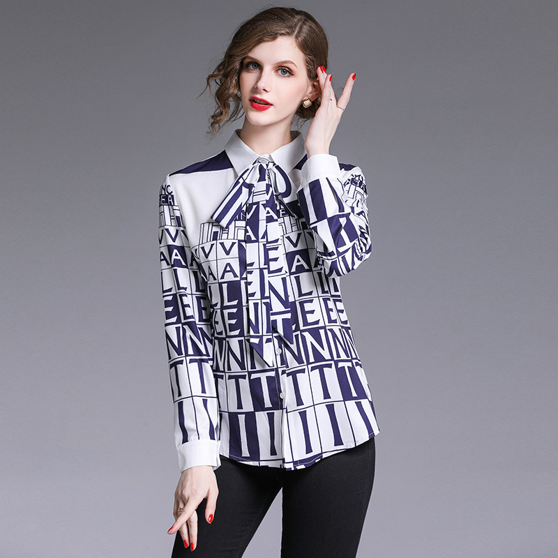 

New Hot 2019 Runway Fashion Vintage Letter Print OL Women's Blouses Ladies Casual Office Button Front Bow Tie Neck Long Sleeve Shirts Tops, Customize