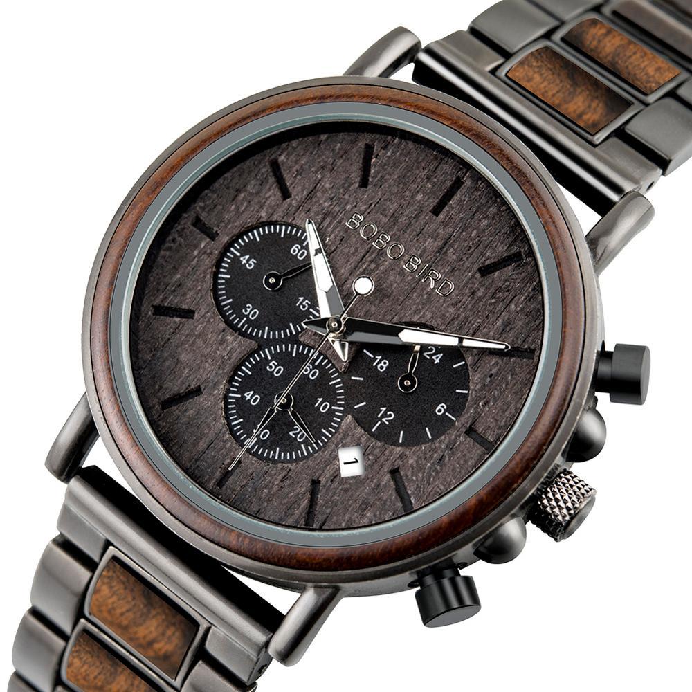 

BOBO BIRD Luxury Wood Stainless Steel Men Watch Stylish Wooden Timepieces Chronograph Quartz Watches relogio masculino Gift Man T200620, Black