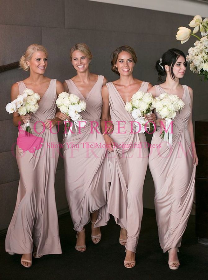Modest A-Line V-Neck Bridesmaid Dress A Line Plus Size Ankle-Length Blush Stretch Satin Maid Of Honor Wedding Guest Gown For Country Wedding