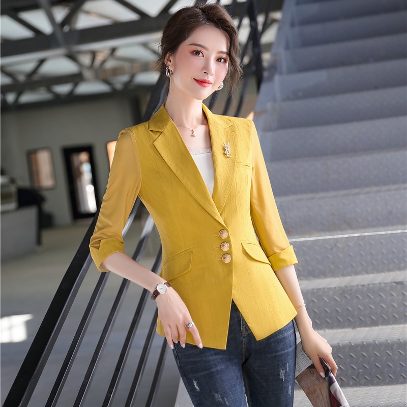 

New 2020 Fashion Casual Women Blazer and Jackets Yellow Slim Half Sleeve Elegant Office Ladies Work Clothes Uniforms, Black
