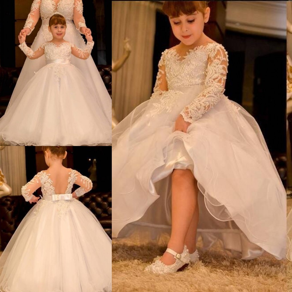 

2020 White Long Sleeves Arabic Flower Girl Dresses Sheer Neck Lace Pearls Backless Child Wedding Dresses Vintage Little Girl Pageant Dress, Burgundy