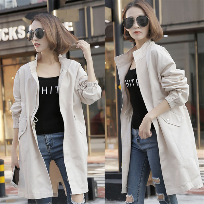 

Windbreaker Female Long Loose Coat Jacket for Women Spring Autumn Casual Fashion Solid Zipper Long Sleeve Female Outerwear, Beige