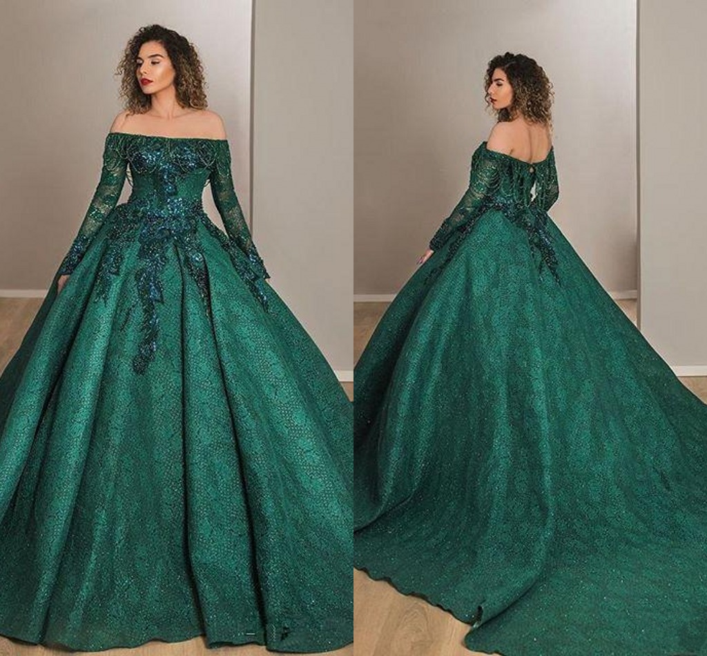 

Dark Green Ball Gown Prom Dresses Beaded Off The Shoulder Lace Appliqued Long Sleeve Classic Arabic Celebrity Formal Evening Gowns AL4112, Black