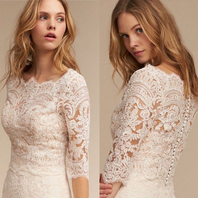 

White Ivory Bolero Wedding Bridal Jackets Half Sleeve Scoop Neck Top Lace Wraps Button Back Top Quality