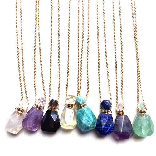 

Stainless Steel Gemstone Natural Healing stones Essential oil Perfume Bottle Pendant Necklace Chakra Crystal Quartz Perfume Bottle Jewelry