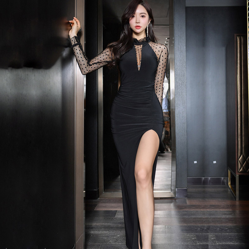 

Autumn Maxi Party Dress Ladies Stand Neck Full Sleeve Dot Flare Sleeve Bodycon High Split Mesh Patchwork Sexy Long Dresses, Black