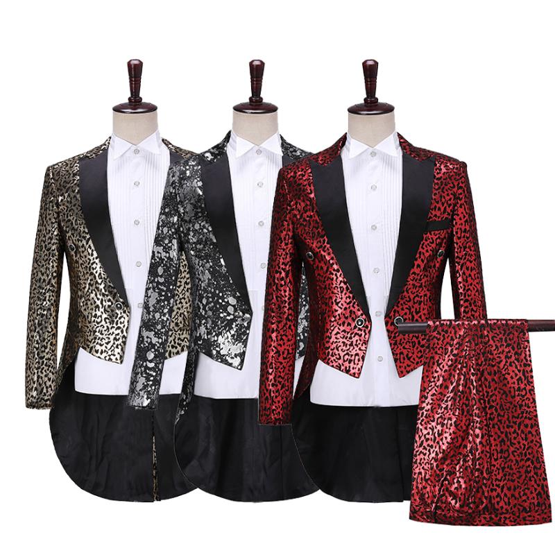 

Leopard Mens Swallowtail Suit (Jacket+Pants) Slim Fit Tuxedo Tail Coat Suit Men Party Magic Show Concert Dance Costume DT1813, Gold