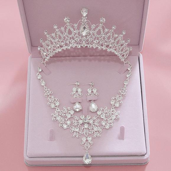 

Best selling cheapest bridal jewelry crown three-piece set Crown headband necklace earrings Fine craft belt jewelry box Free shipping