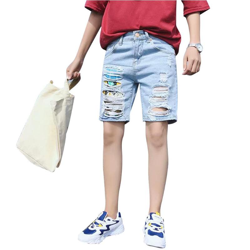 

MISSKY Summer Men Denim Jeans Summer Shorts Fifth Pants Light Blue Shredded Loose Casual Trousers For Male