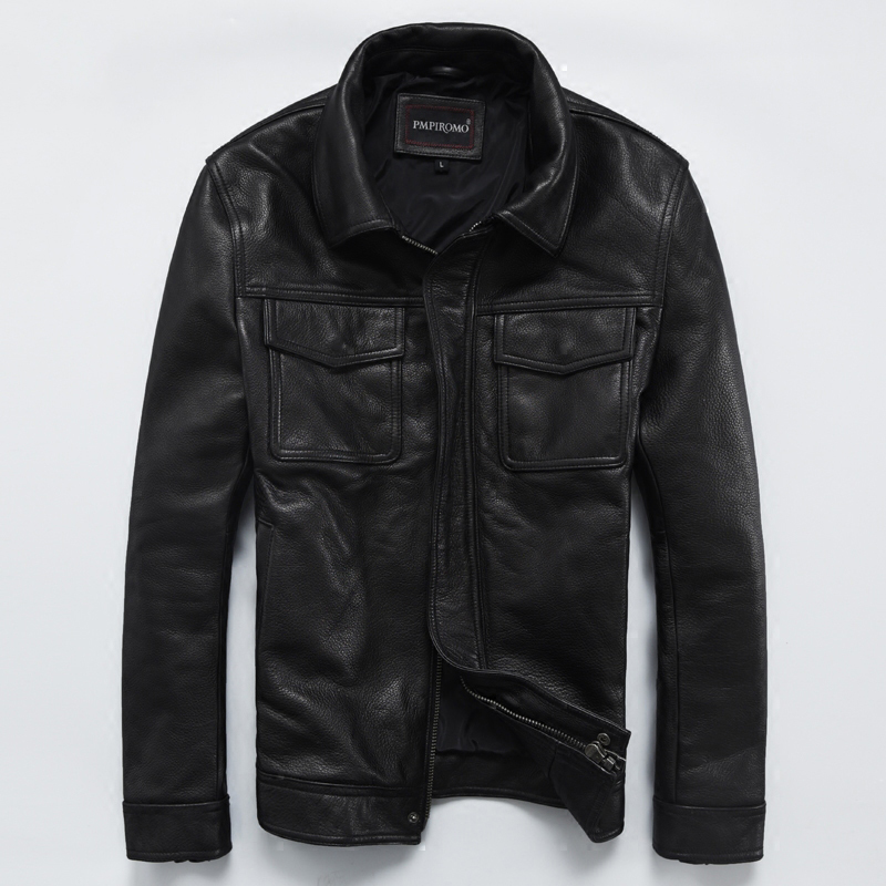 

Short Genuine Cow Men's Autumn Lapels Thickening Slim Motorcycle Leather Jacket Male, Black