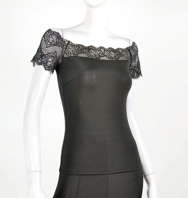 

modern dance big lace collar short lace sleeve blouse modern practice T-shirt top T15028, Black