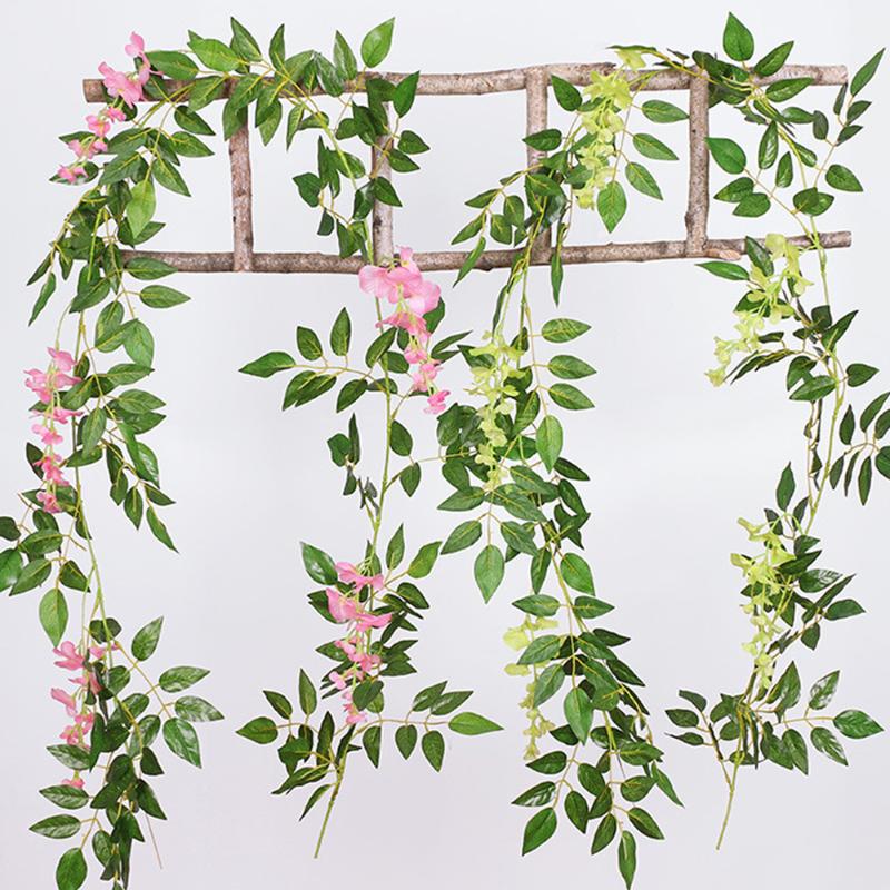

2M Artificial Wisteria Flowers String Silk Fake Flowers Rattan Vine Hanging Garland Leaf Ivy DIY Wedding Home Decoration, Red