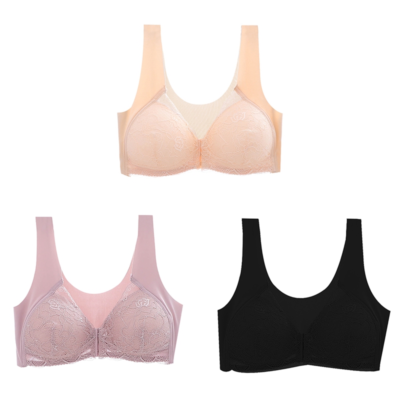 

Women Adjustable Seamless Bras Sports Front Closure Elastic V-neck Push Up Underwear Breathable Lace Trim Comfort Wireless Bra