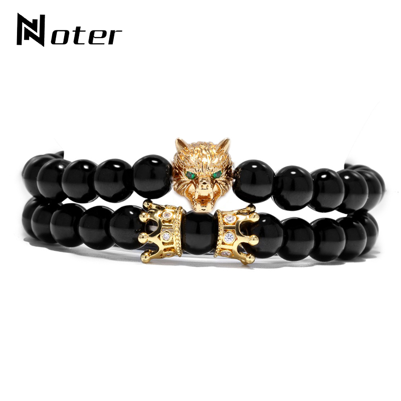 

2pcs/pair Mens Bracelet Gothic Wolf Animail Braslet For Hombre Natural Obsidian Stone Braclet Luxury Crown Brazalete Armband