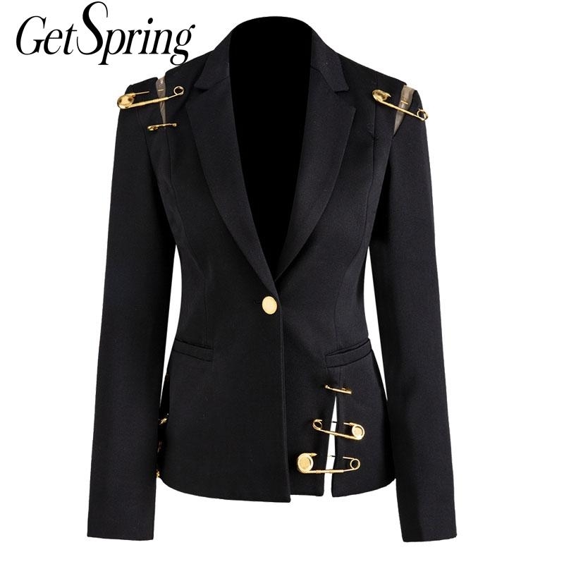 

GetSpring Women Blazer Jacket Coat Single Button Long Sleeve Women Suit Jacket Pin Stitching Irregular Ladies Blazer Autumn New LY191123, Black